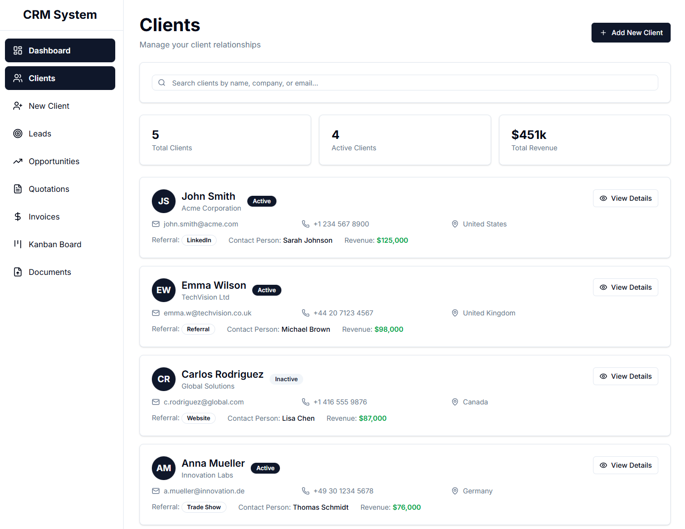 crm clients management list view