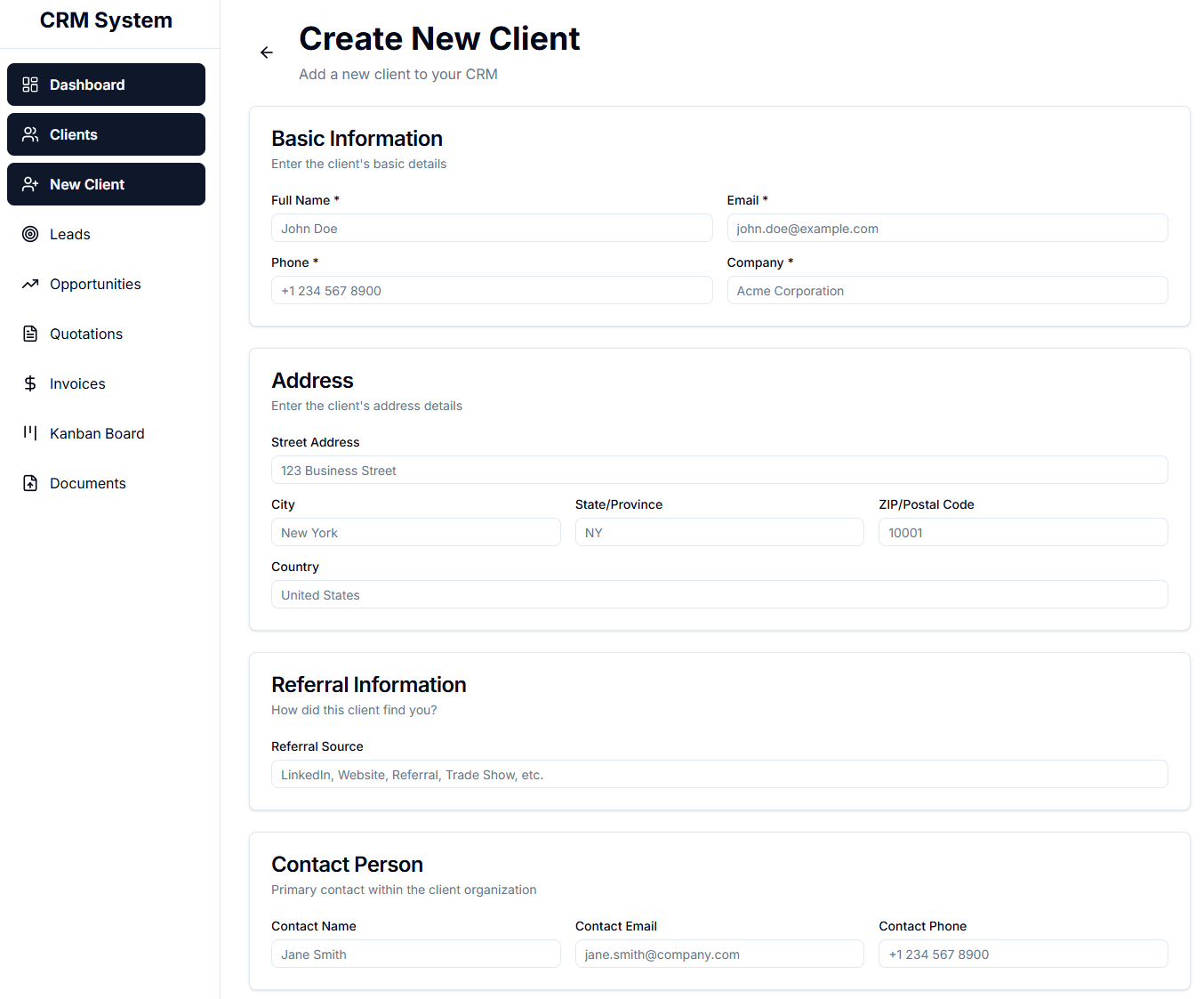 crm clients create form