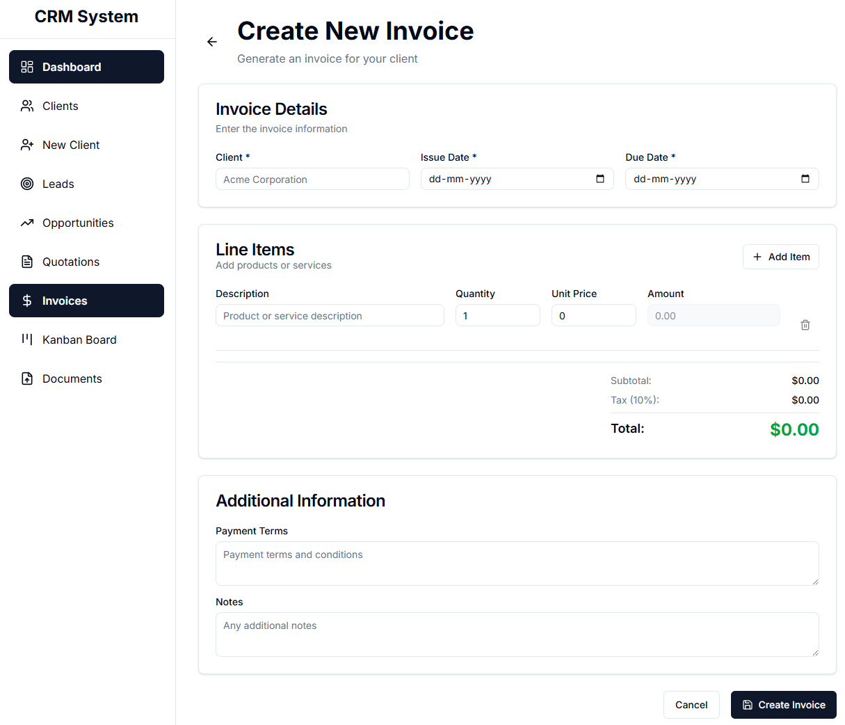 crm invoice management page view