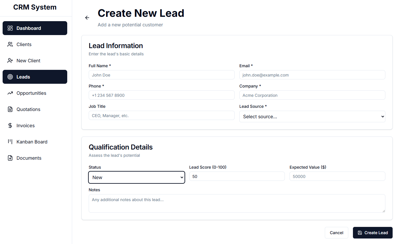 crm create lead form view