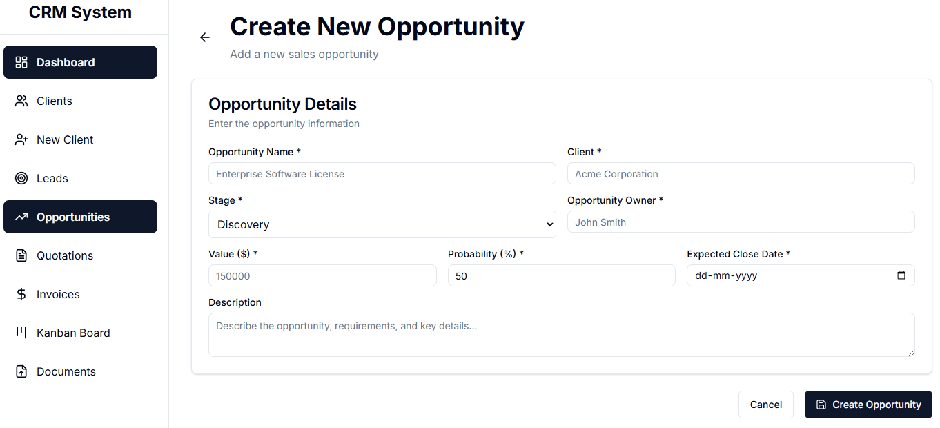 crm opportunities listing page view