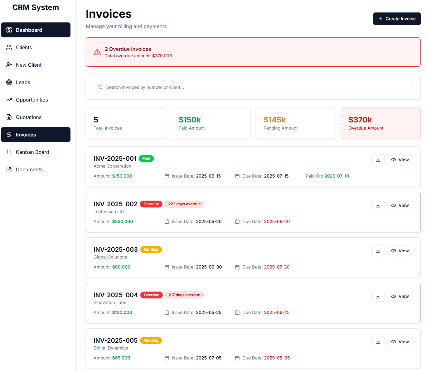 crm invoice management page view