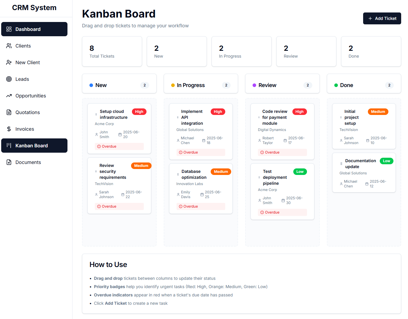 crm kanban board for ticket management view