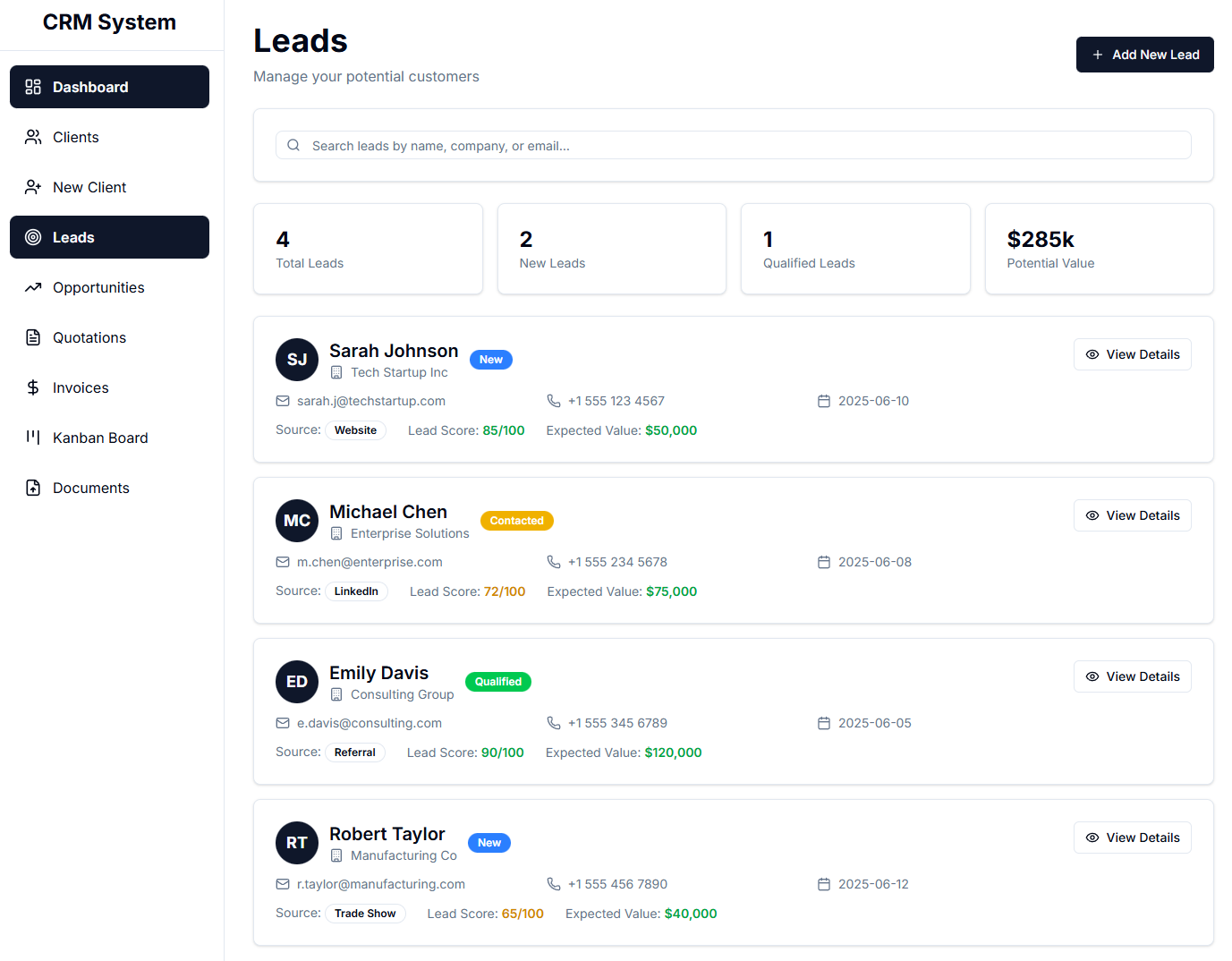 crm leads overview page