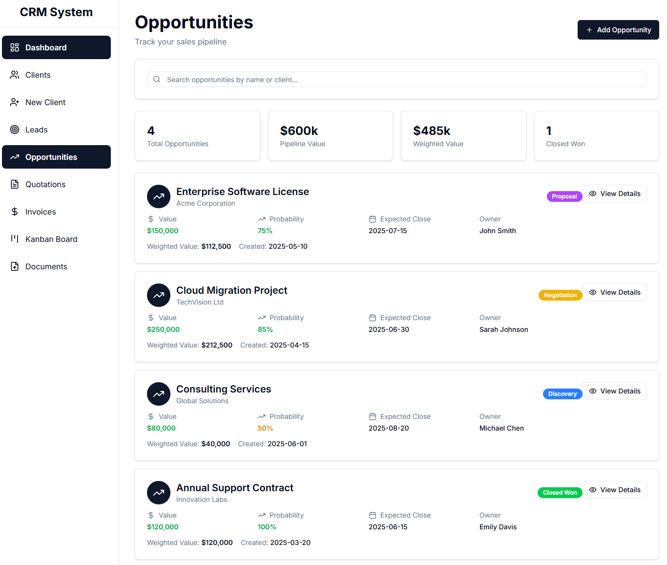 crm opportunities listing page view