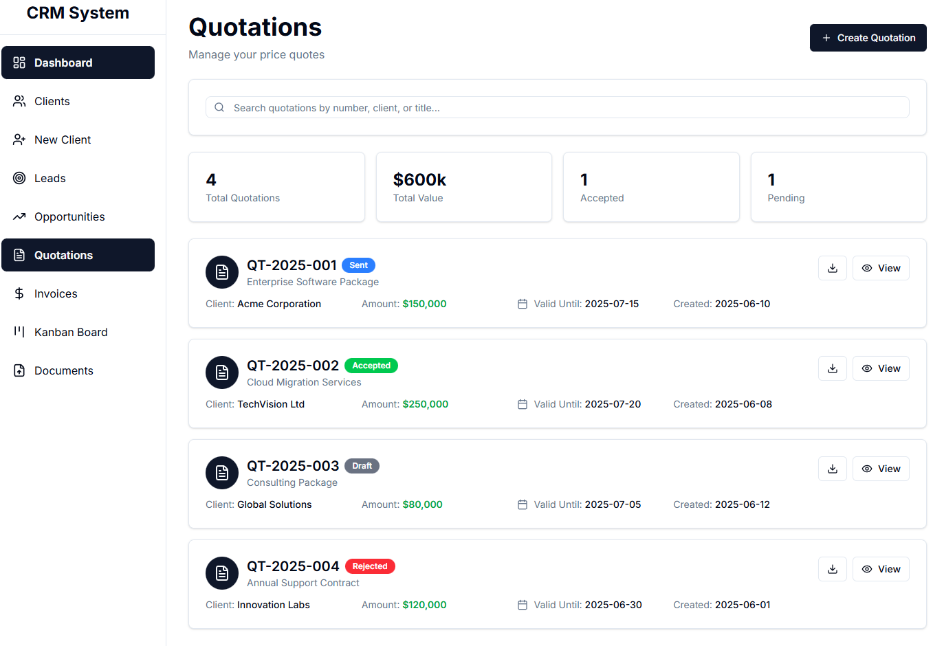 crm quotation listing page view